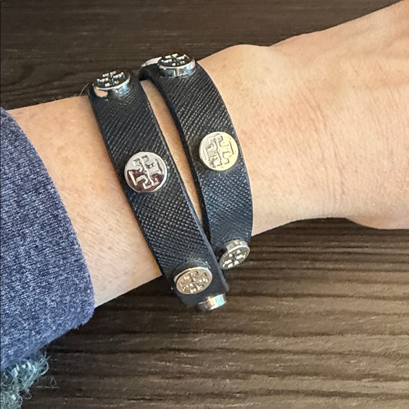 Tory Burch Jewelry - Tory Burch Black Double Wrap Logo Stud Leather Bracelet